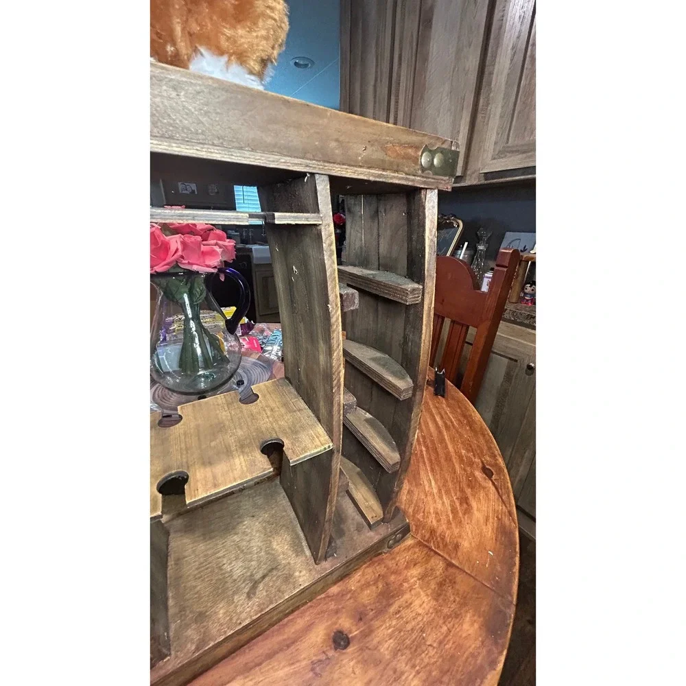 Rustic Wooden Wine Rack Barrel Design 8 Bottle Holder with Glassware Storage